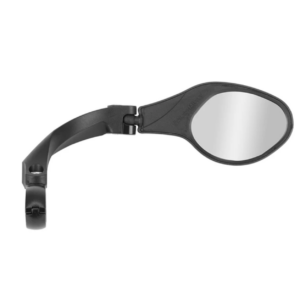 Black motorcycle rear-view mirror with adjustable arm and mounting clamp visible on the left
