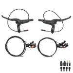 Complete hydraulic disc brake kit with two levers, hoses, two calipers, and assorted fittings for a bike.