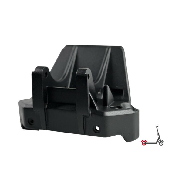 Black plastic scooter brake mounting bracket with two curved contact surfaces and mounting holes.
