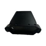 Black plastic mounting bracket with screw holes and curved clip edges for attaching a device.