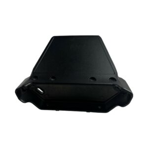 Black plastic mounting bracket with screw holes and curved clip edges for attaching a device.