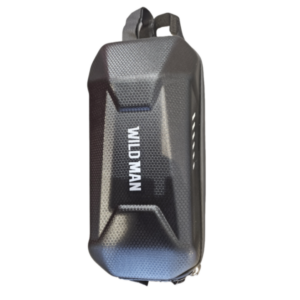Rugged black hard-shell carrying case with textured pattern, vertical orientation, a top carrying strap, and the white text 'WILD MAN' on the front.
