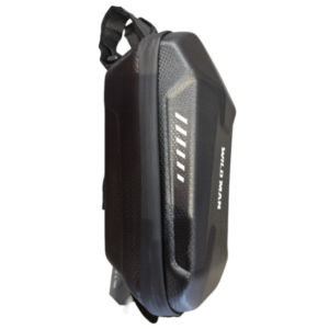 Side view of a black compact bike frame bag with a zippered compartment and strap attachment.