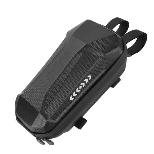 Black compact bike frame bag with a textured hex pattern, two zippers, and adjustable straps for mounting on a bicycle frame.