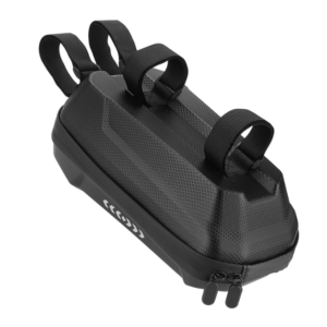 Small black saddle/bike frame bag with three straps and a two-zip closure, used to store essentials on a bicycle frame or handlebars