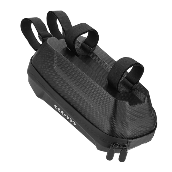 Small black saddle/bike frame bag with three straps and a two-zip closure, used to store essentials on a bicycle frame or handlebars