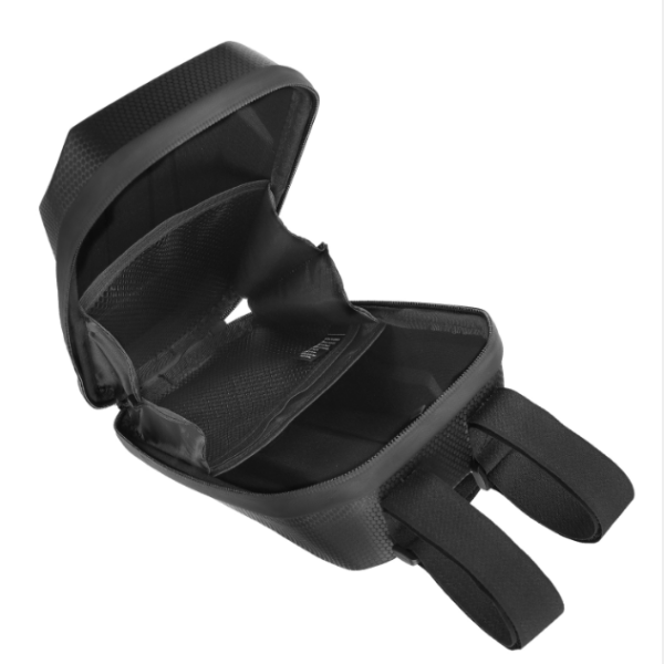 Open black padded camera or gadget case with an interior divider and two straps, viewed from above.