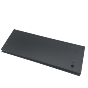 Flat dark gray metal mounting plate with multiple screw holes along its edges, viewed at an angle.