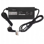 Lithium battery fast charger with digital display, label, and long output cables photographed on white background
