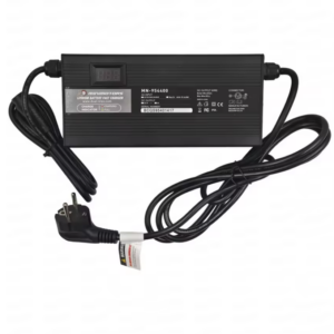 Lithium battery fast charger with digital display, label, and long output cables photographed on white background