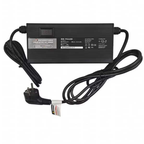 Lithium battery fast charger with digital display, label, and long output cables photographed on white background