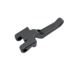Black plastic lever-style component with a forked end containing two pin holes, viewed at an angle.