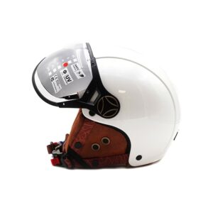 White open-face motorcycle helmet with a clear visor lifted to the side and brown padded interior showing chin strap.