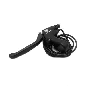 Black bicycle brake lever with integrated gear shifter and coiled cable