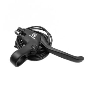 Black bicycle brake/shift lever with coiled cable, photographed from a side angle.