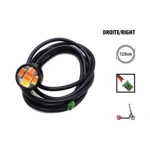 LED wheel light with multiple orange LEDs on a round module attached to a long black cable and green connector; for scooter/right side, 128 cm length