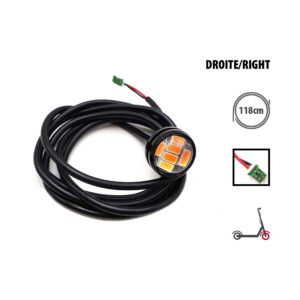 LED ring light with long black cable for scooter handlebar, labeled right side (DROITE/RIGHT) with 118 cm length and small green connector.