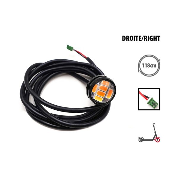 LED ring light with long black cable for scooter handlebar, labeled right side (DROITE/RIGHT) with 118 cm length and small green connector.