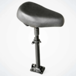 Black bicycle saddle attached to an adjustable vertical seat post with a clamp and mounting base, shown against a light background.