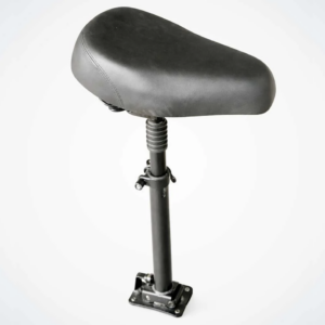 Black bicycle saddle attached to an adjustable vertical seat post with a clamp and mounting base, shown against a light background.