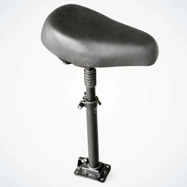 Black bicycle saddle attached to an adjustable vertical seat post with a clamp and mounting base, shown against a light background.