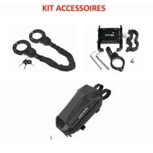 Bike accessories kit: locking cuffs with keys, mounting hardware with hex keys, and a black under-seat bag.