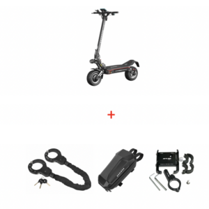 Electric scooter with security kit: chain lock with keys, charger, and mounting hardware.