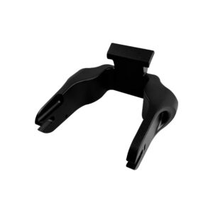 Black plastic clamp with two curved arms and a small rectangular mounting block on top, resembling a device holder accessory: concise and generic for accessibility