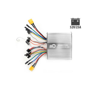 Electric motor controller with multiple colored wires labeled 52V/25A for a e-bike or electric scooter system