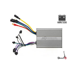 60V/35A motor controller with a multi‑colored wiring harness for an electric scooter, aluminum finned enclosure labeled MINNMOTORS; scooter icon in corner indicates scooter use.