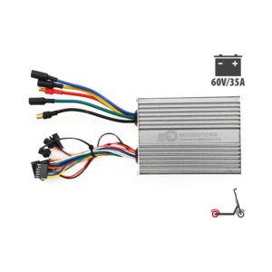 Electric scooter motor controller with multi-colored wires and a 60V/35A rating label on the metal housing
