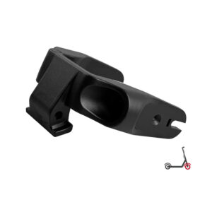 Black plastic mounting clip/bracket with a rounded hollow center and forked tip, likely used to secure scooter components