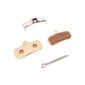 Copper bicycle brake pads with a small metal retaining clip and cotter pin laid out on white.