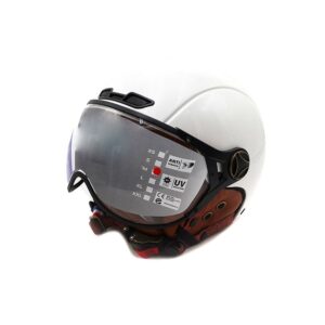 White pilot helmet with dark visor and orange-brown interior straps, labels on visor noting anti-scratch and UV protection