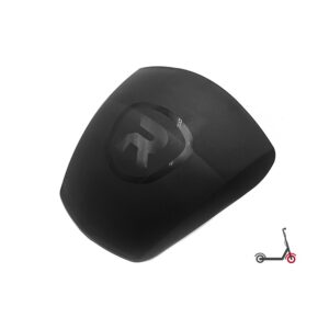 Black curved plastic cap with a recessed circular window showing a logo; small black-and-red scooter icon appears in the bottom-right corner.