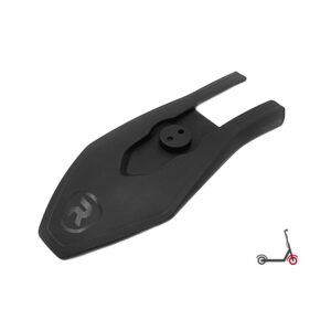 Black plastic kick scooter brake/plate with a circular mounting hole and subtle logo on a white background.