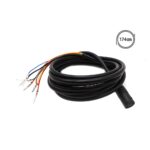 Coiled black multi-conductor cable with exposed colored wires and a circular multi-pin connector, length 174 cm.