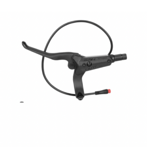 Black hydraulic bicycle brake lever with attached hose and red end cap, shown against a white background (product image).