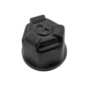 Black plastic locking cap with a built-in latch and twist-lock design, a screw-on container cap.