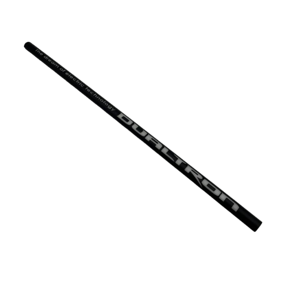 Black cylindrical pen-like object with white branding text along its length, placed diagonally on a white background.