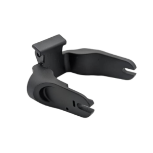 Black plastic clamp/clip with two curved jaws and a mounting tab, a small accessory likely used to secure a device or cable.