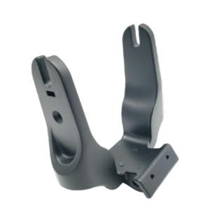 Gray two-armed mounting clamp with forked ends and a rectangular base plate, designed to attach a device to a rod or rail